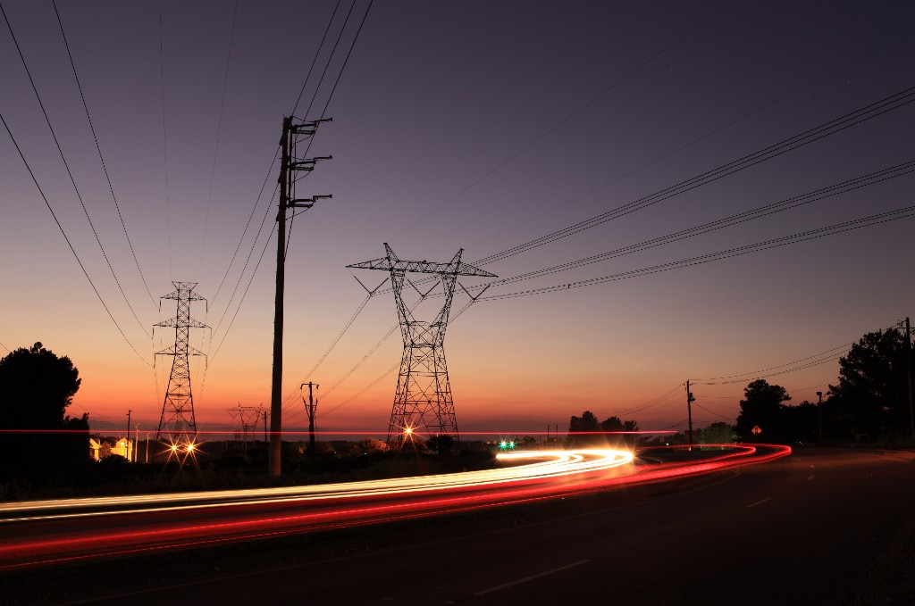 Powerlines sunset cars
